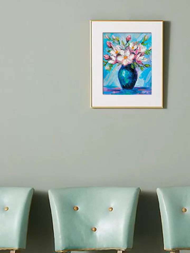 Magnolia Painting Flower Original Art Impasto Oil Painting 7x9 Blossom Painting Abstract Bouquet Painting Birth Month Flower by ArtFromVictoria
