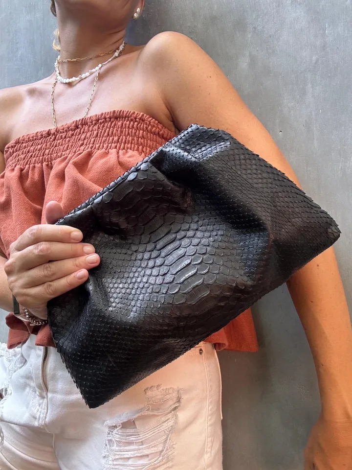 Genuine python skin black  pouch bag | exotic leather bags | medium size soft clutch | snake designer bag | gift for her | classy purse