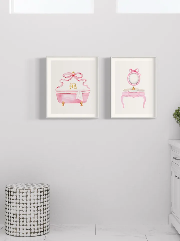 Pink Bow Bathroom Vintage Art Print, Set Of 2 Watercolor Bathroom, Bow Wall Art, Girls Bathroom Decor, Spa Beauty Art, Gift For Her