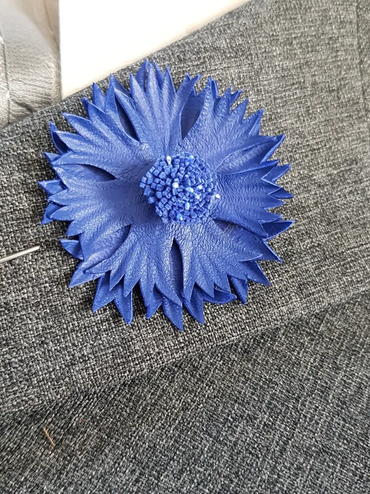 Blue cornflower men's lapel pin Leather boutonniere for him 3rd anniversary gift