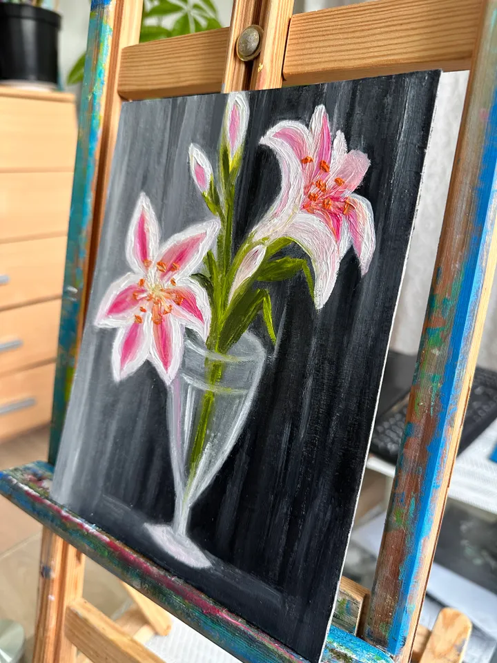 Oil Painting Pink Lilies in a Glass Vase Bouquet of Lilies Flowers Floral Still Life Nature Plants Wall Decor 9x7 inches 24x18 cm Cardboard