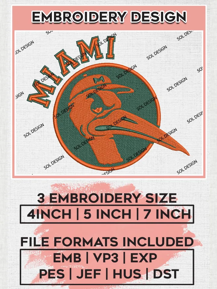 NCAA Miami Team Head Mascot Logo Embroidery Design Files, NCAA Miami Hurricanes Machine Embroidery, NCAA Teams, 3 sizes, NCAA Machine embroidery designs, Digital Download