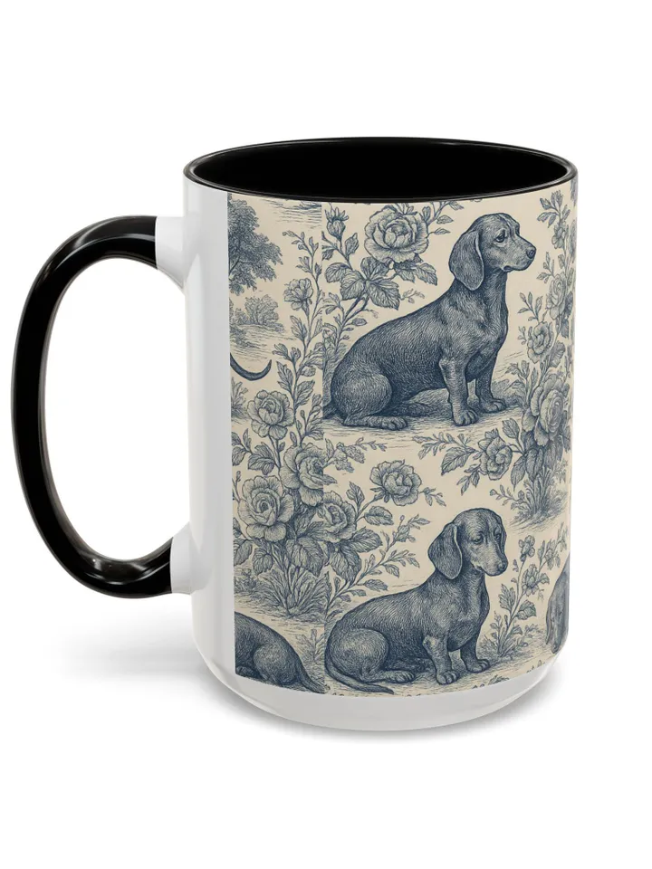 Dachshund French Toile de Jouy Ceramic Mug, Toile Coffee Cup for Doxie Mom, Sausage Dog Lover Gifts, Dog Tea Drinkware, Gift For Dog Lovers