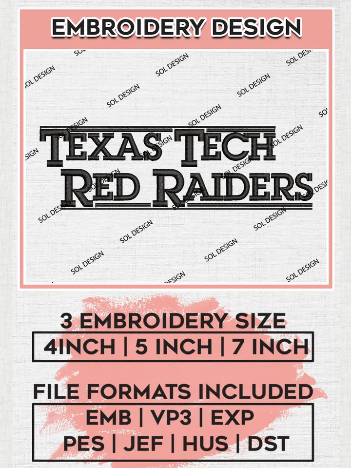 Texas Tech Red Raiders College Team Writing Logo Embroidery Design Files, NCAA Texas Tech Red Raiders Machine Embroidery, NCAA Teams, 3 sizes, NCAA Machine embroidery designs, Digital Download