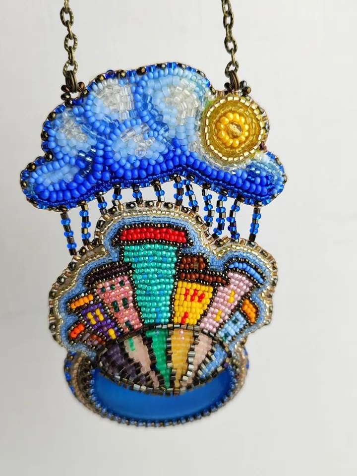 Pendant necklace Rain in the city embroidered landscape jewelry 6,5 by 10 cm