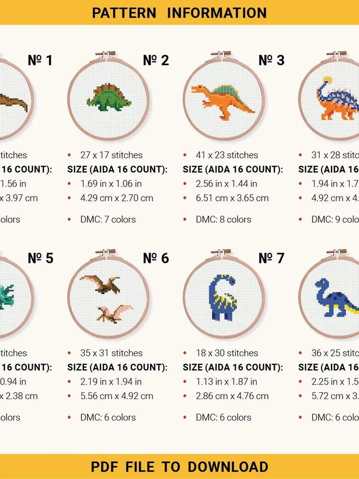 Bundle mini Dinosaurs 8 Cross stitch patterns, contemporary, Abstract, 3 inches, beginner, modern chart, gift DIY, embroidery, instant PDF