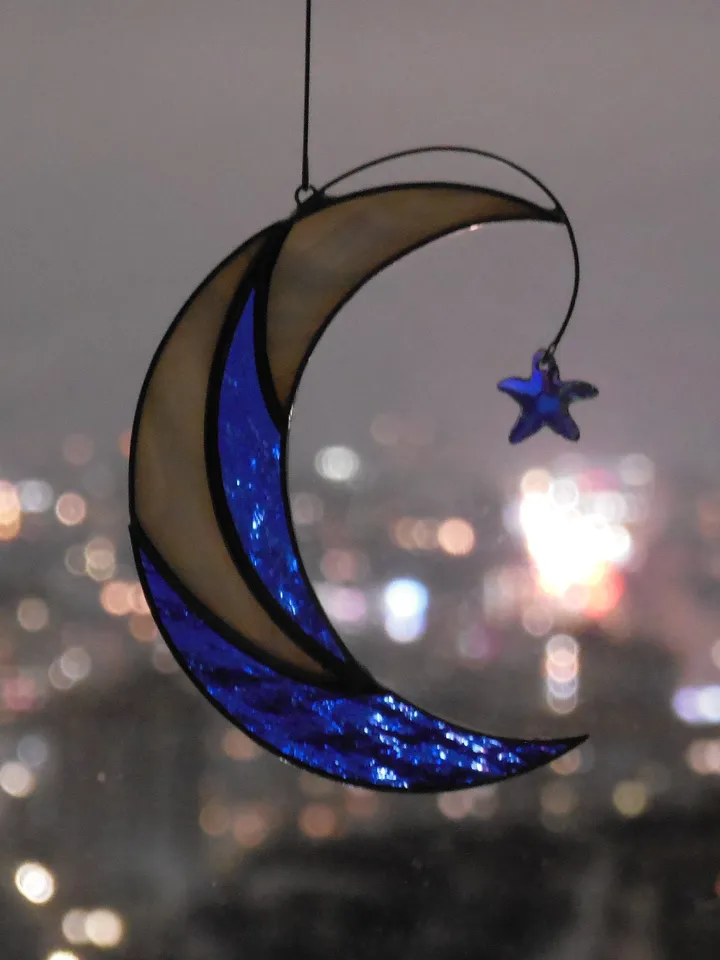 Moon with Shooting Star Swarovski Сrystal . Stained glass window hanging Suncatcher , idea for anniversary , birthday and Christmas gift
