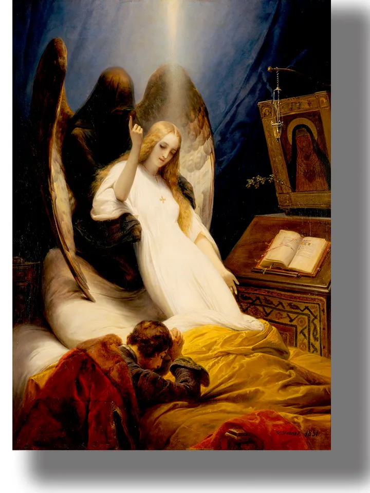 Dark angel of death and maiden. The black angel takes the dying woman.