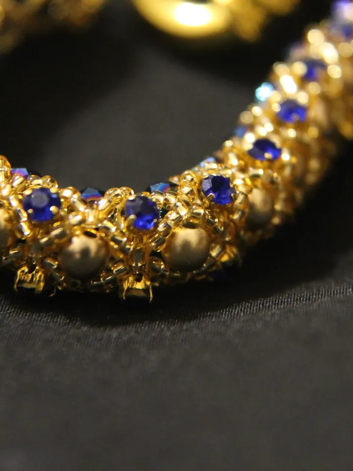 Beads necklace gold hematite and cornflower blue rhinestones