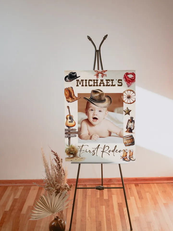 Editable Photoframe Board First Rodeo  Birthday party photoprop; Wild West Cowboy Party template; Our little cowboy one Party Birthday; fr12