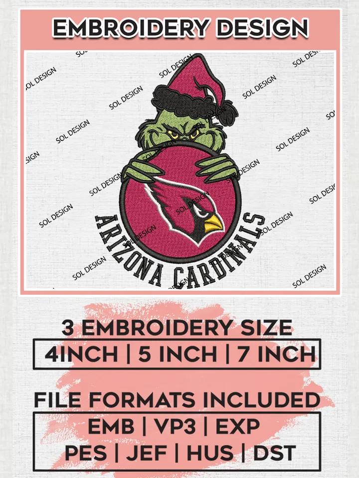NFL Arizona Cardinals Team x Grinch Holding Ornament Logo Embroidery Designs, NFL Cardinals Team Machine Embroidery Files, NFL Football Teams, 3 sizes, Grinch Machine embroidery designs, Digital Download