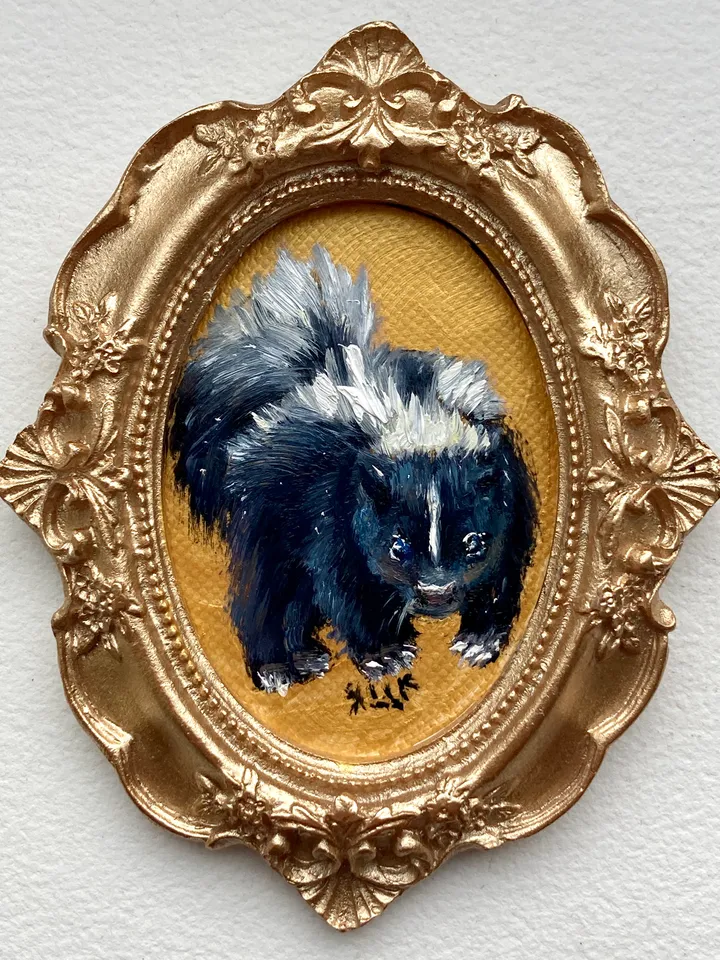 Skunk Oil Painting Original In Vintage Style Frame Small Framed Animals Wildlife Art