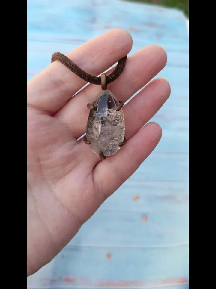 Aquarium Quartz Pendant in Copper Frame on Leather Cord