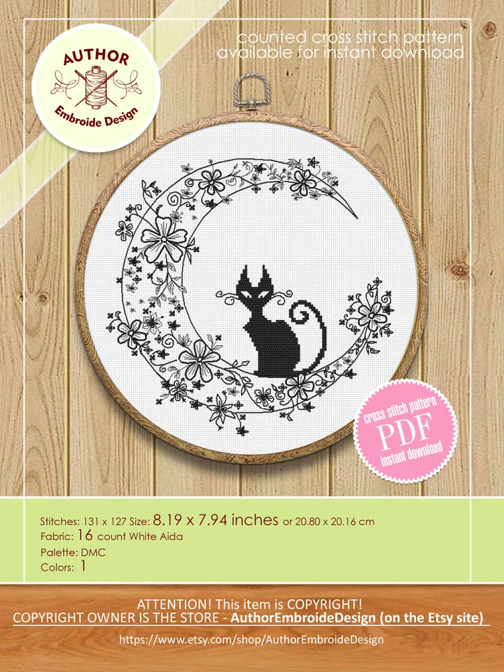 Cat blackwork pattern PDF Crescent moon Backstitch chart, Funny Black cat cross stitch, Flower moon blackwork embroidery download PDF #W4