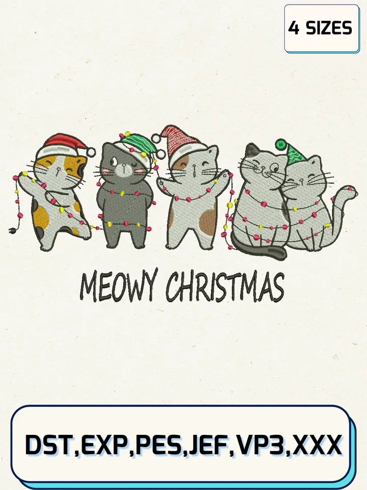 Funny Meowy Christmas Embroidery Design,Christmas Embroidery Designs,Machine Embroidery Files,4 Sizes