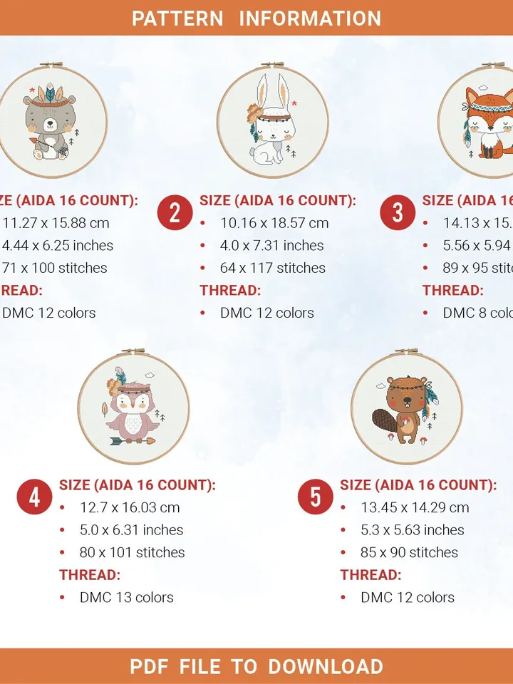Bundle of 5 animals Boho style cross stitch pattern bear bunny owl fox beaver nursery decor counted chart gift DIY embroidery instant PDF