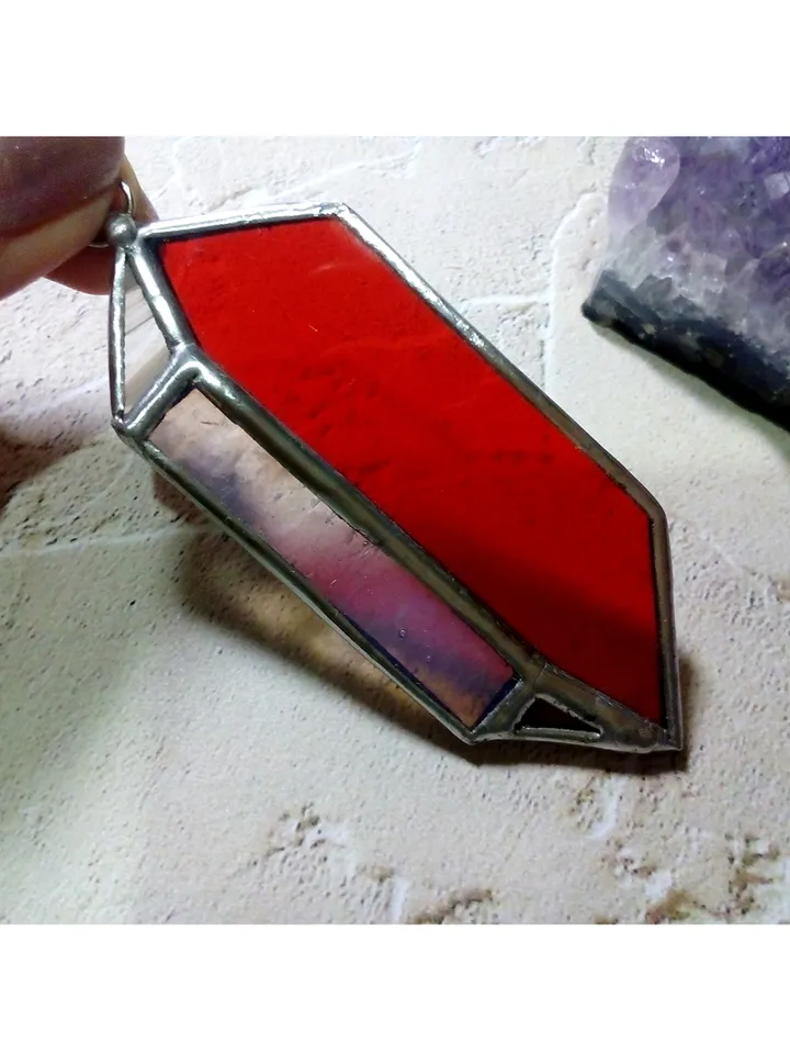 Glass crystal, semi precious stone imitation, simple stained glass, red stained glass, Minimalist necklace