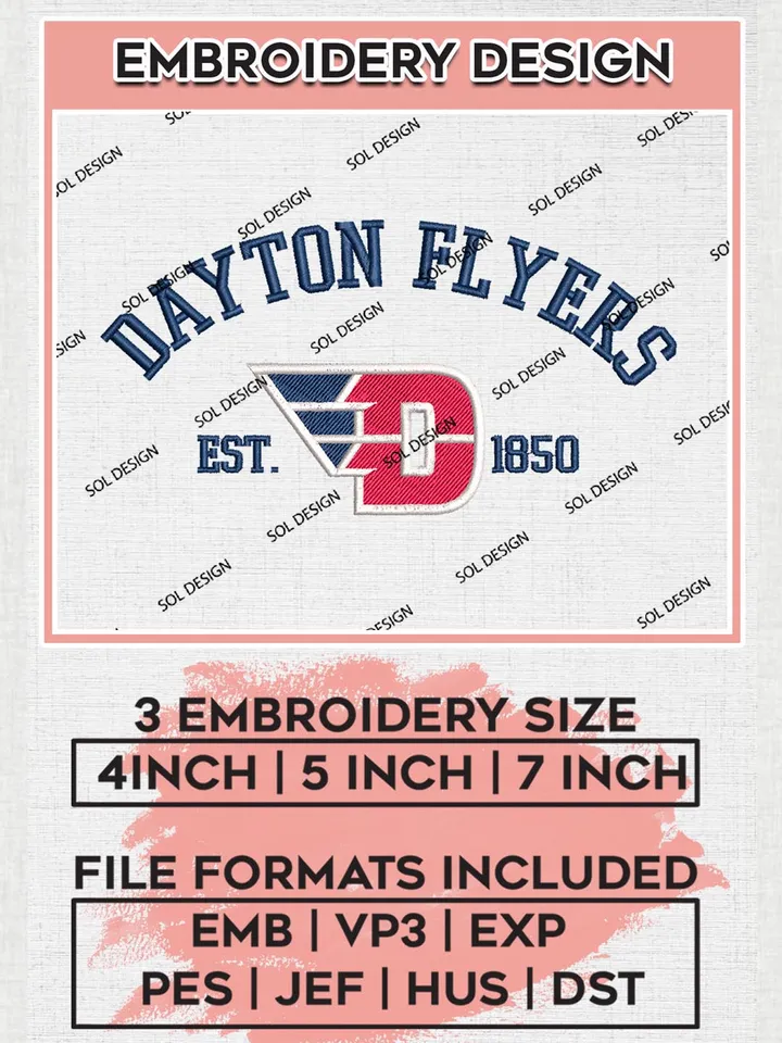Dayton Flyers Est 1850 Logo Embroidery Designs, NCAA Dayton Flyers Team Embroidery, NCAA Team Logo, 3 sizes, Machine embroidery Files, Digital Download