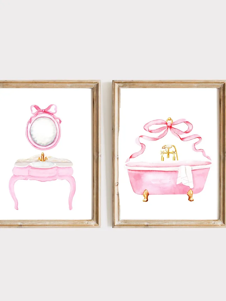 Pink Bow Bathroom Vintage Art Print, Set Of 2 Watercolor Bathroom, Bow Wall Art, Girls Bathroom Decor, Spa Beauty Art, Gift For Her