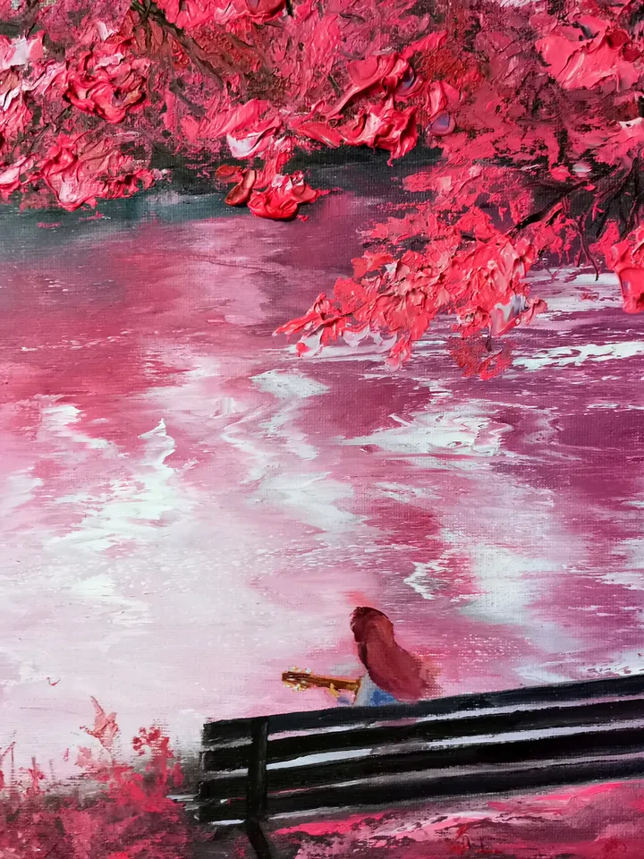 Impasto Art Original large Oil Painting Bright Landscape Woman Girl Guitar Artist Svinar Oksana