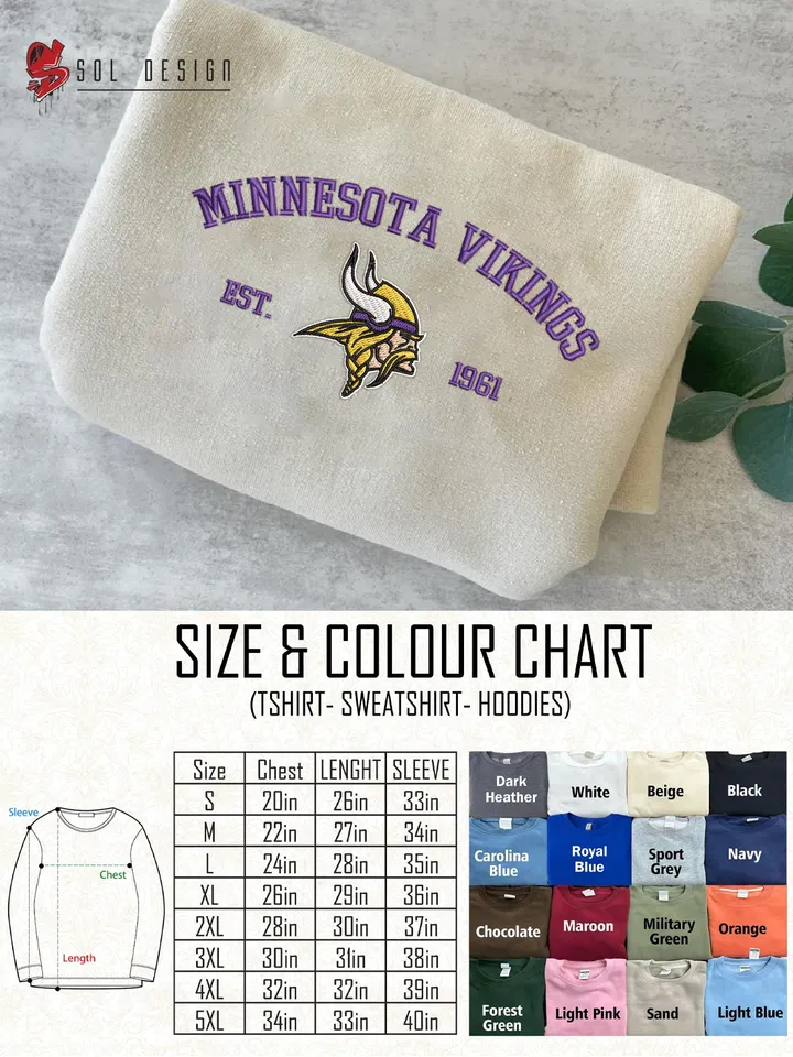 NFL Minnesota Vikings Est 1961 Embroidered Sweatshirt, NFL Minnesota Vikings Team Embroidered Shirt, Unisex Game Day Crewneck, Football Fan Gift Tee