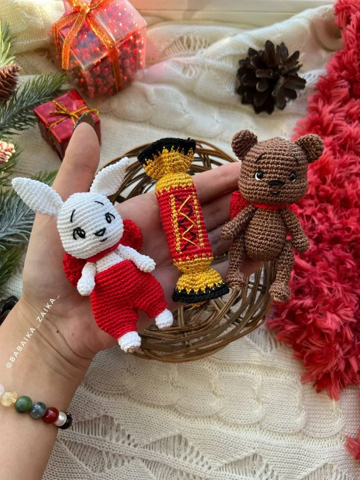 PDF Crochet Christmas Tree toys SET: Bunny, Candy, Teddy Bear Christmas Amigurumi Pattern Crochet Ornament Christmas Decor Tree Toys Pattern