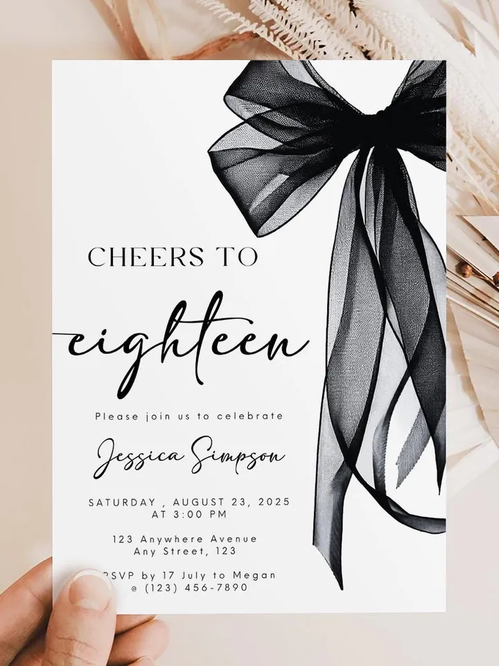 Coquette Black Bow 18th Invitation, Editable Eighteenth Birthday Party Invite, DIY Digital Black Ribbon, Cheers to Eighteen Invite