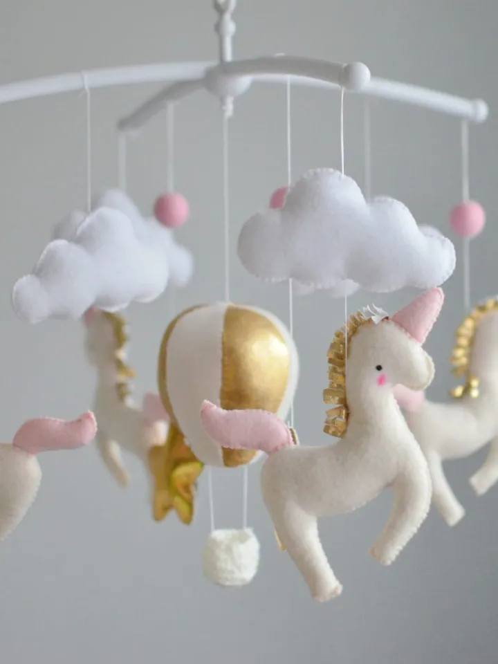 Baby mobile girl with magic Unicorns,Gold hot air balloon ,clouds and stars Nursery decor and Best baby shower gift