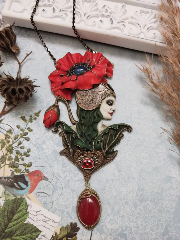 Red Poppy necklace, Art Nouveau Romantic Flower, Jewelry Nature Pendant, Poppy