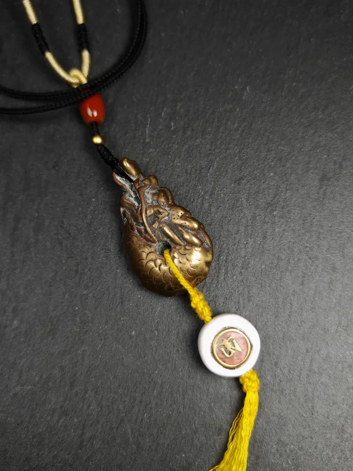 Gandhanra Unique Tibetan Buddhist Amulet, Dragon Charm with Conch Shell OM Pendant