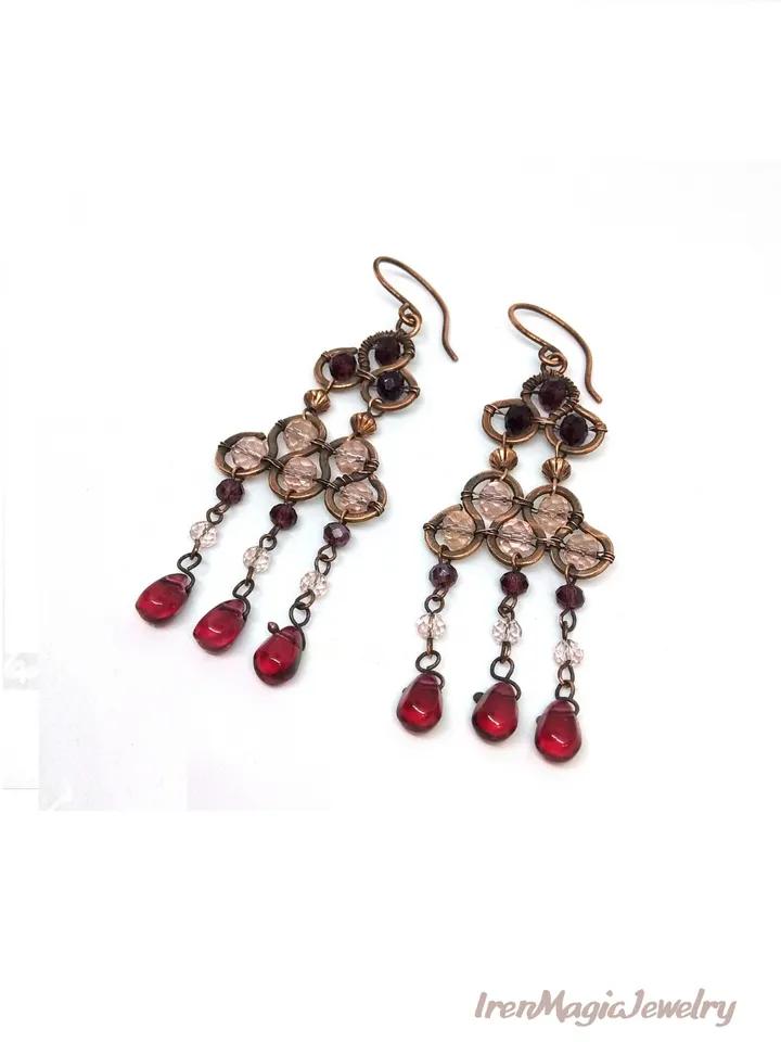 Handmade Copper Boho Earrings with Pink and Burgundy Beads