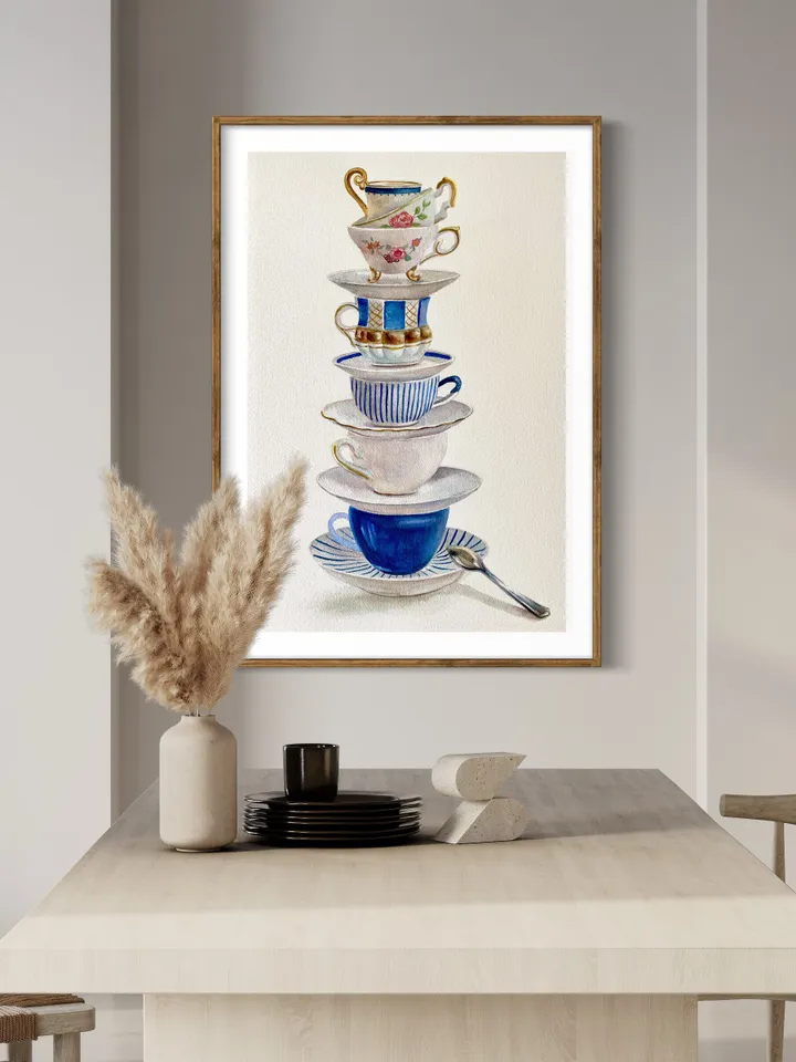 Tea Cups Original Watercolor Painting Kitchen Wall Art Tea Lover Gift Stack Of Cups Tea Cup Blue White Still Life Tea Lovers Watercolor Art