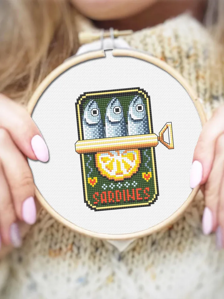 Sardines in a can cross stitch pattern PDF download Tinned sardines cross stitch chart, Small fish pattern digital, Funny kitchen decor #F25