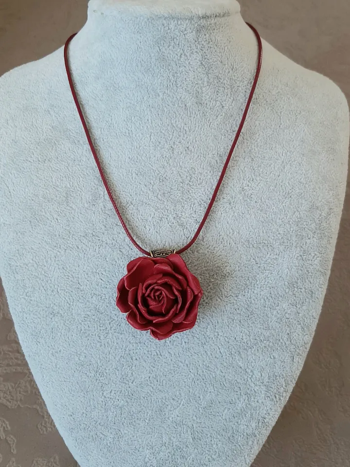 Bordo leather rose pendant 3rd anniversary gift for wife, Leather women's jewelry