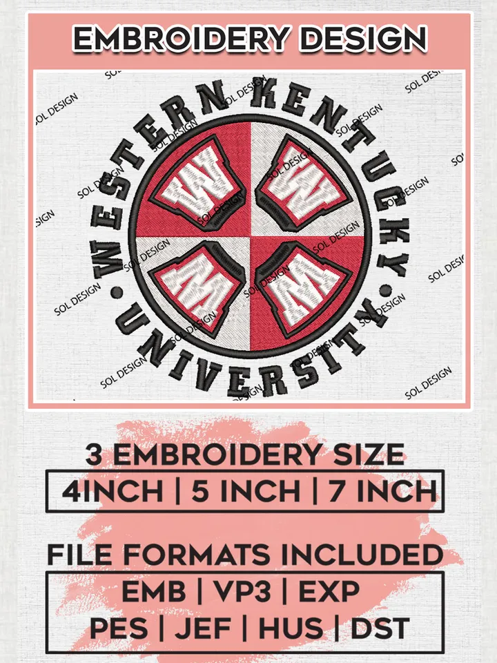 NCAA Western Kentucky Uni.versity Team Logo Embroidery Design Files, NCAA Western Kentucky Hilltoppers Machine Embroidery, NCAA Teams, Game Day, 3 sizes, NCAA Machine embroidery designs, Digital Download