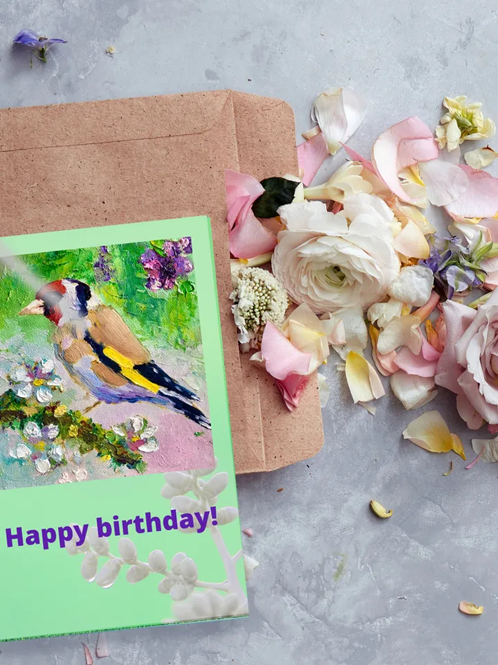 Digital Greeting Card, Art card for Bird, Goldfinch Postcard, Happy Birthday E-Card