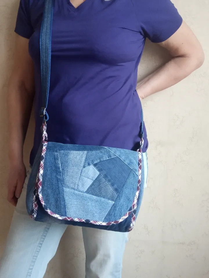Denim original bag with a flap in the style of crazy patchwork made of eco-friendly material handmade