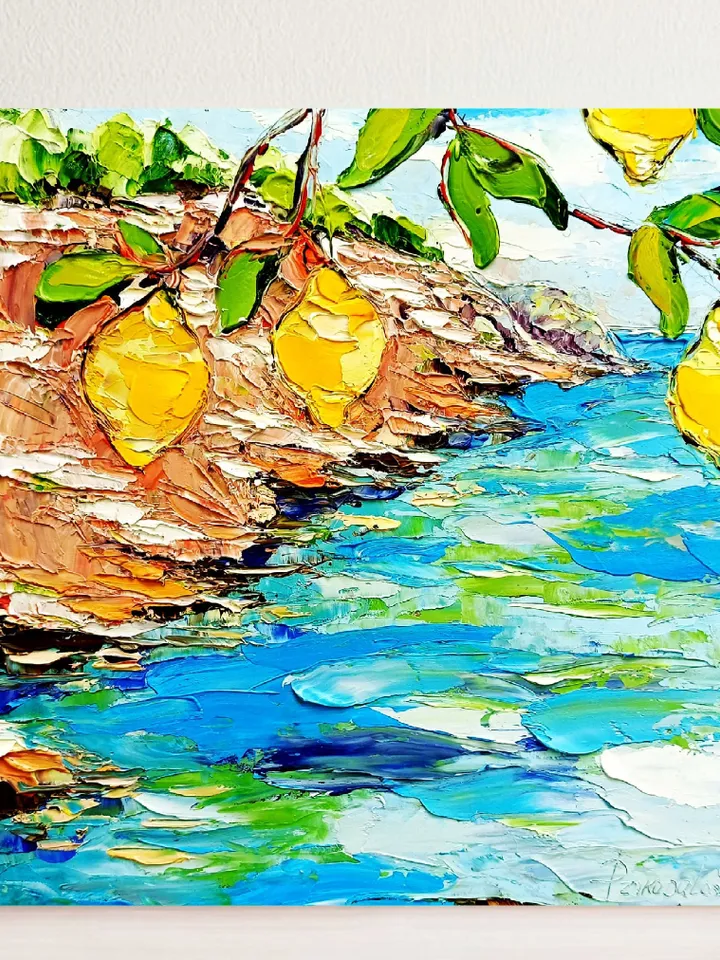Italy Painting Lemon Original Art Impasto Oil Painting Coastal Painting Seascape Painting Sorrento Abstract Italy Painting by ArtProkopaloSv