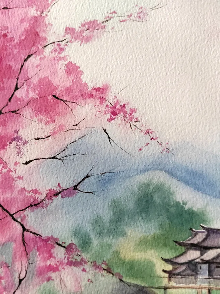 Cherry Blossoms Painting Sakura Landscape Artwork Original Watercolor Art 10.62x15.35 in by SoftWaves