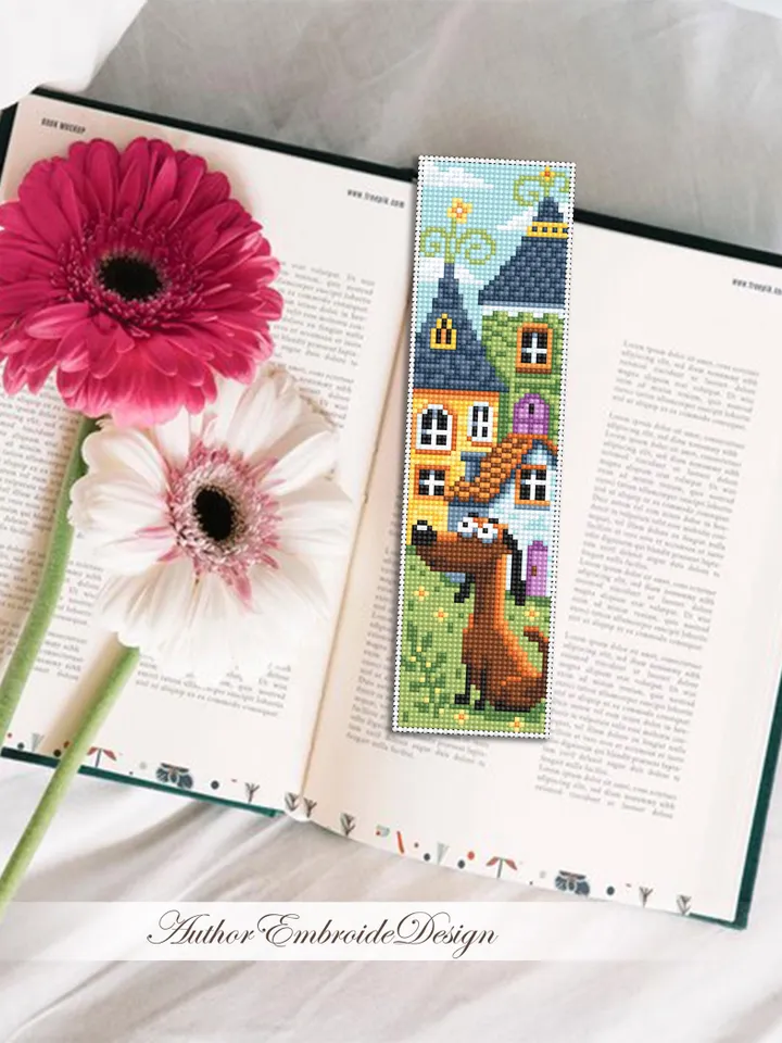 Dog bookmark cross stitch pattern PDF download Pet cross stitch chart, Simple bookmark pattern digital PDF, Fairy houses cross stitch #B467