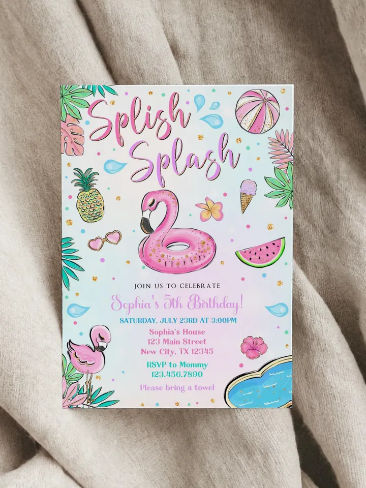 Flamingo Birthday Invitation, Splish Splash Birthday Invitation, Flamingo Pool Party Invitation Girl Instant Download Editable Template
