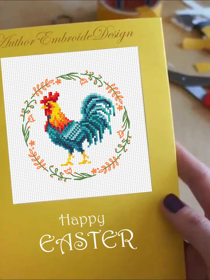 Rooster cross stitch pattern PDF download Floral chicken cross stitch chart Farm bird embroidery Mini Cock, Rooster pattern digital PDF #K33