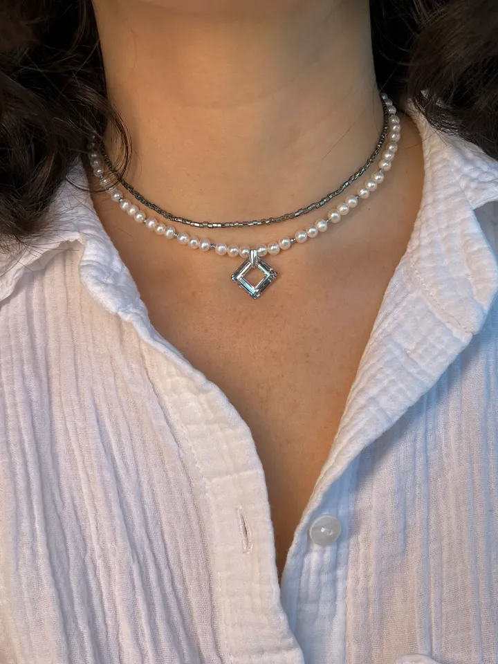 Pearl Silver 925 Jewelry Set Necklace Earrings RHOMBUS