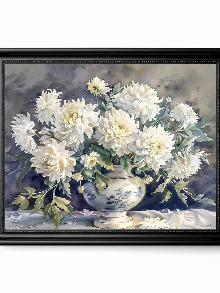 Bouquet of white chrysanthemum in a vase watercolor drawing, digital illustration, digital painting , wall art decoration. AI