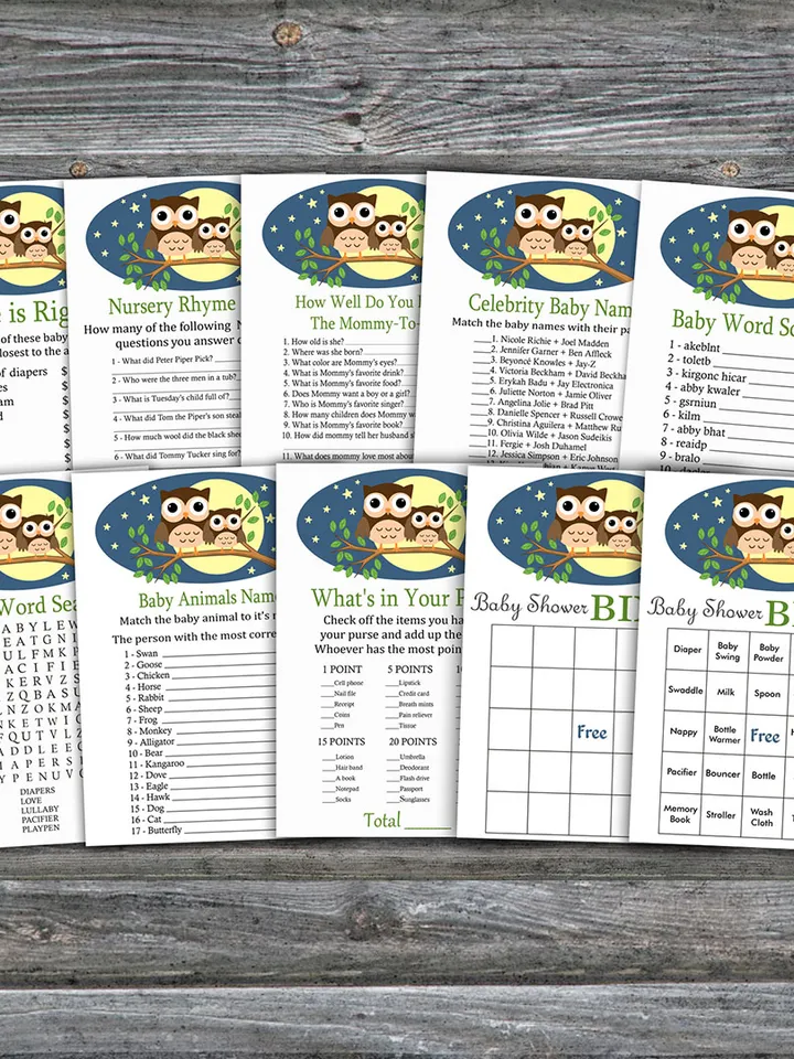 Owl baby shower games bundle,Owl Baby Shower games package,Fun Baby Shower Games,9 Printable Games-365