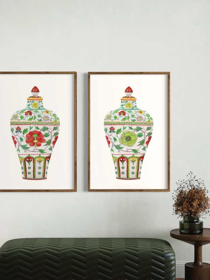 Green Set Of 2 Ginger Jars,Asian Vase Print, Chinoiserie Vase Wall Art Print ,Chinoiserie Set, Home Decor, Gift Idea For Living Room