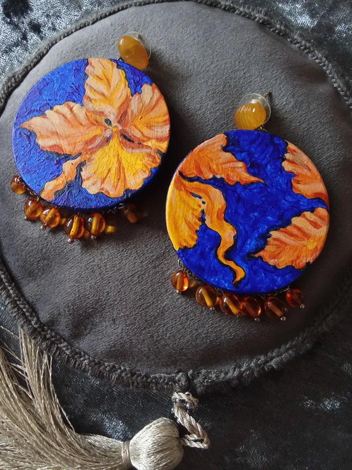 Earrings "Golden orchids in blue"