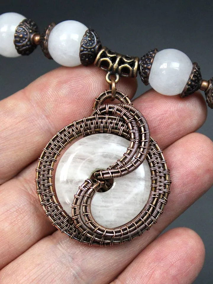 Copper Wire Wrapped Stone Donut Pendant Necklace.