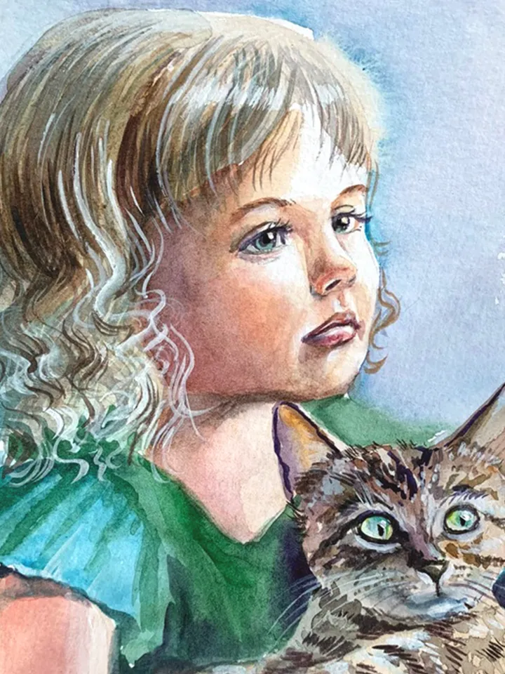 A girl with a kitten, watercolor painting, Portrait of a little girl