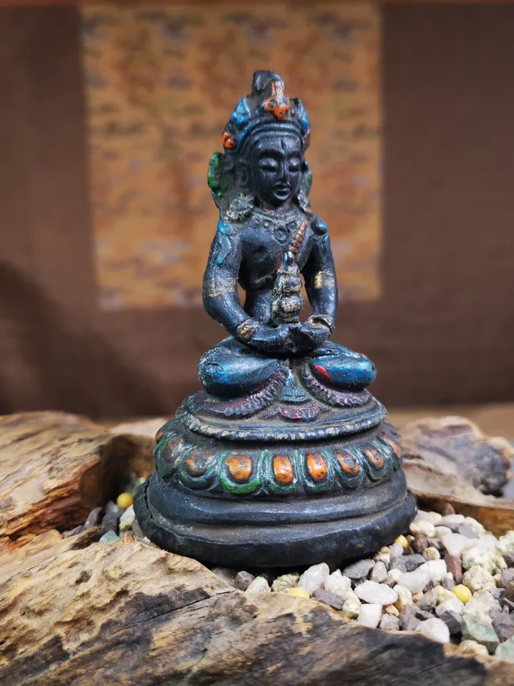Gandhanra Antique Colored Tibetan Statue,Amitayus,Buddha of Longevity,80 Years Old